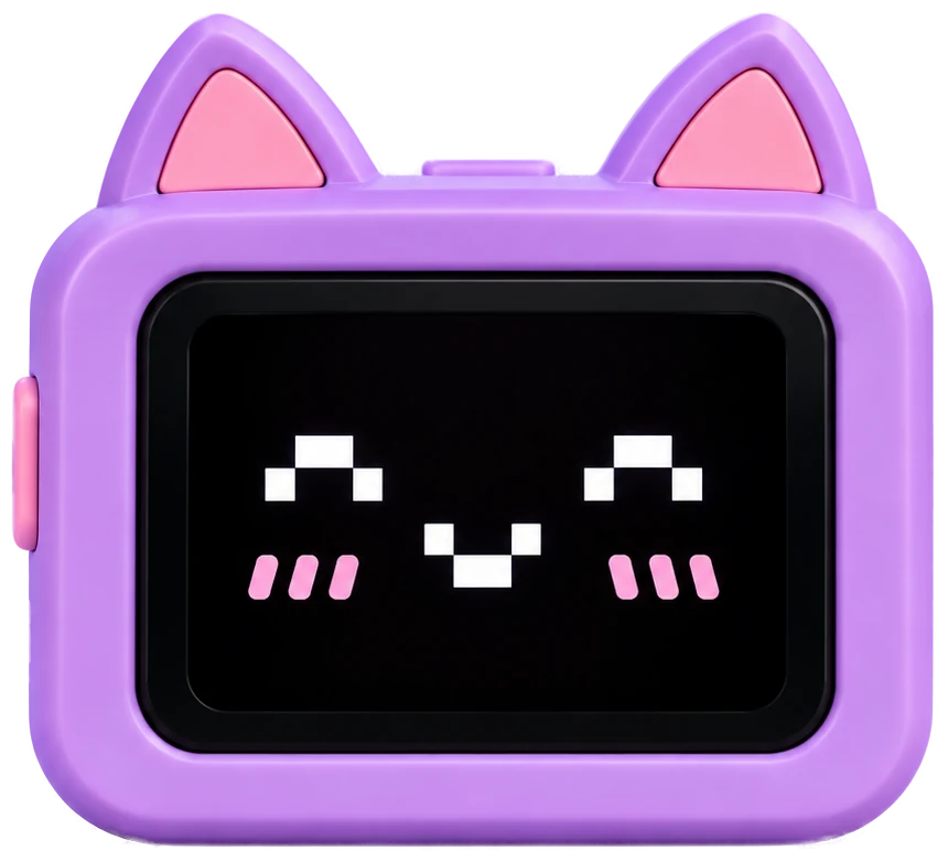Pekko, a lavender smart display keychain with cat ears and a pixel face